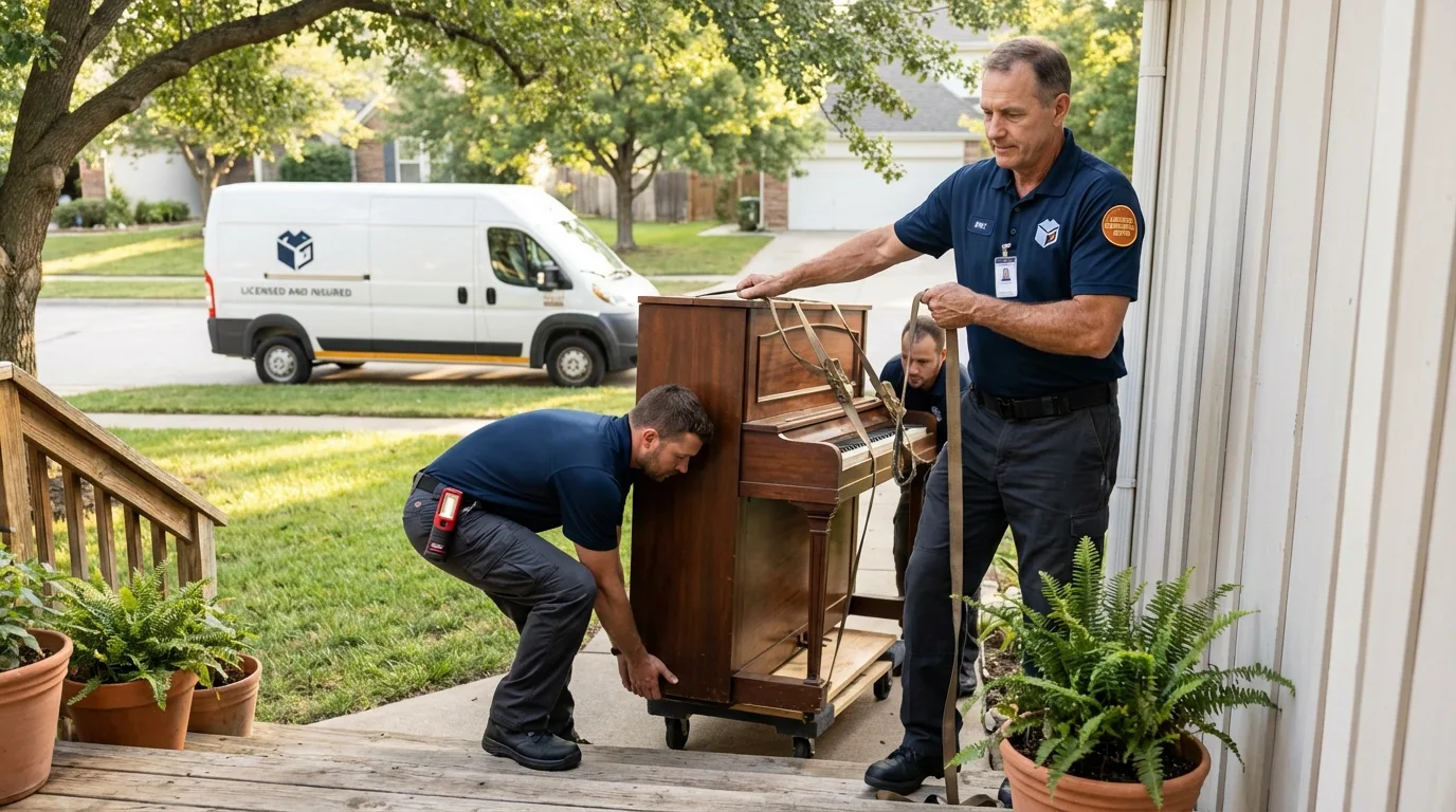 Licensed piano movers securing grand piano in Arnaudville, LA